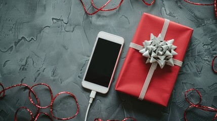 Christmas gift connected to a smartphone via cable displayed on a gray surface from a high angle