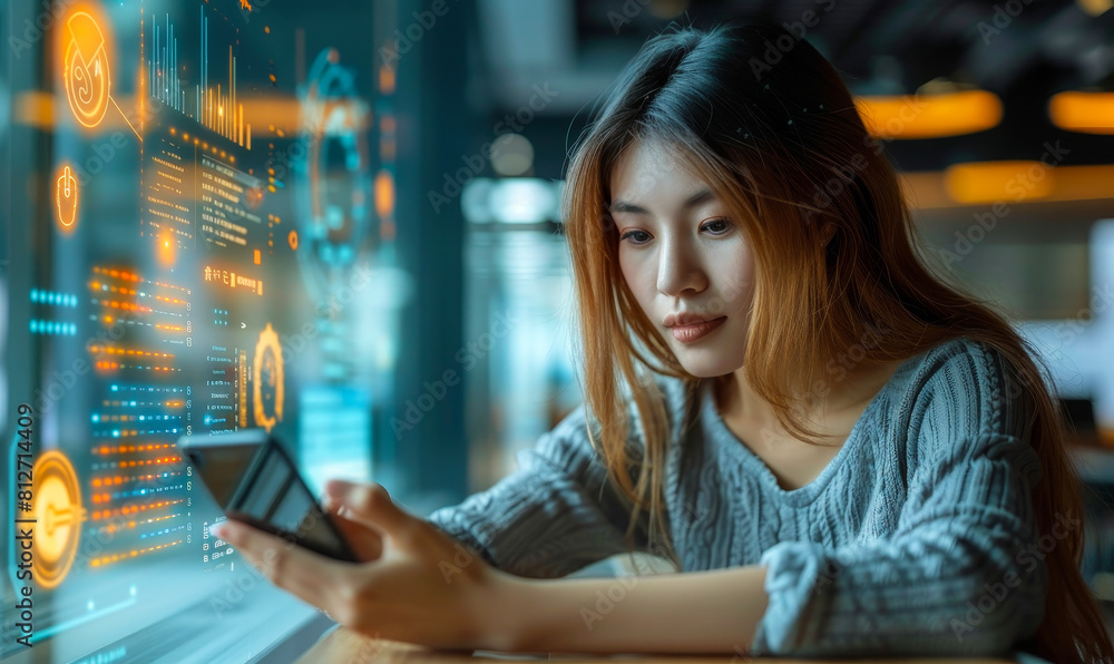 Poster millennial female using fingerprint biometrics for mobile banking on smartphone, innovative cybersec