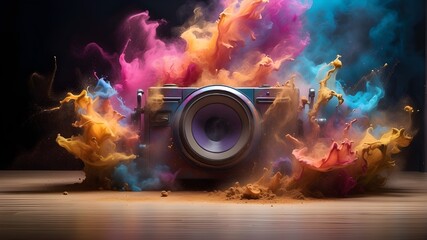 The vibrant light effects along with the multicolored splashes, dust, and smoke produce dramatic visuals that enhance the overall impact and intensity of the music while also complementing the auditor