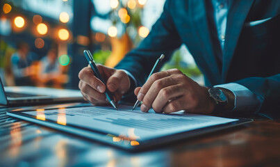 Middle-aged Businessman Digitally Signing E-Document Tablet, Modern Office Paperless Workflow Manager Laptop Stylus Electronic Signature