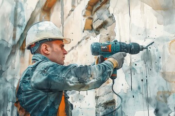 A man in a hard hat using a drill. Suitable for construction and industrial concepts.