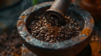 Close up of coffee beans grounded in a traditional mortar and pestle showing the ancient techniques of coffee making