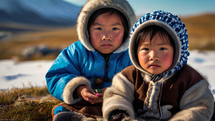 Obraz premium Inuit Children in Traditional Clothes 