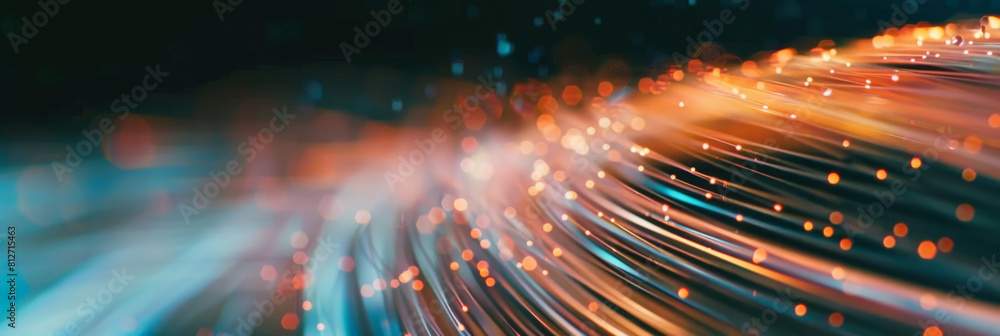 Poster abstract dark blue orange fast moving binary computer data. high speed motion blur, technology, mach