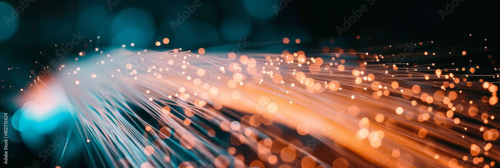 Poster abstract dark blue orange fast moving binary computer data. high speed motion blur, technology, mach