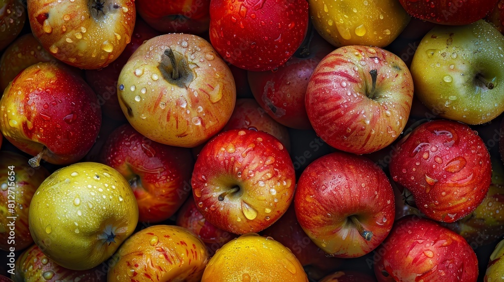 Poster apples with drops of water on a background of green and red apples