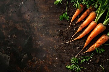 freshly harvested organic carrots with rich soil on a rustic dark wooden background food photography