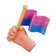 Hand holding bisexual flag 
decorations, celebrating LGBTQ Pride Month element icon. 3D rendering