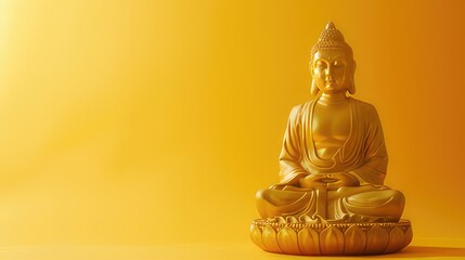Golden statue of Buddha meditating in lotus position on a yellow background. Copy space