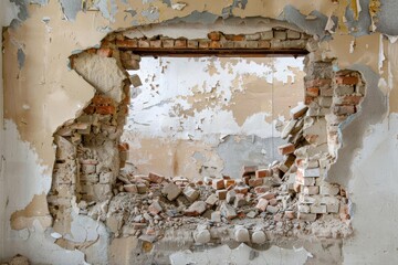 gaping hole in damaged wall rubble and debris destruction and ruin architecture photography