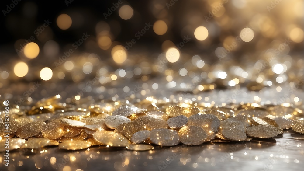 Poster bokeh effect and shimmering defocused glitters set against an abstract background of gold and silver
