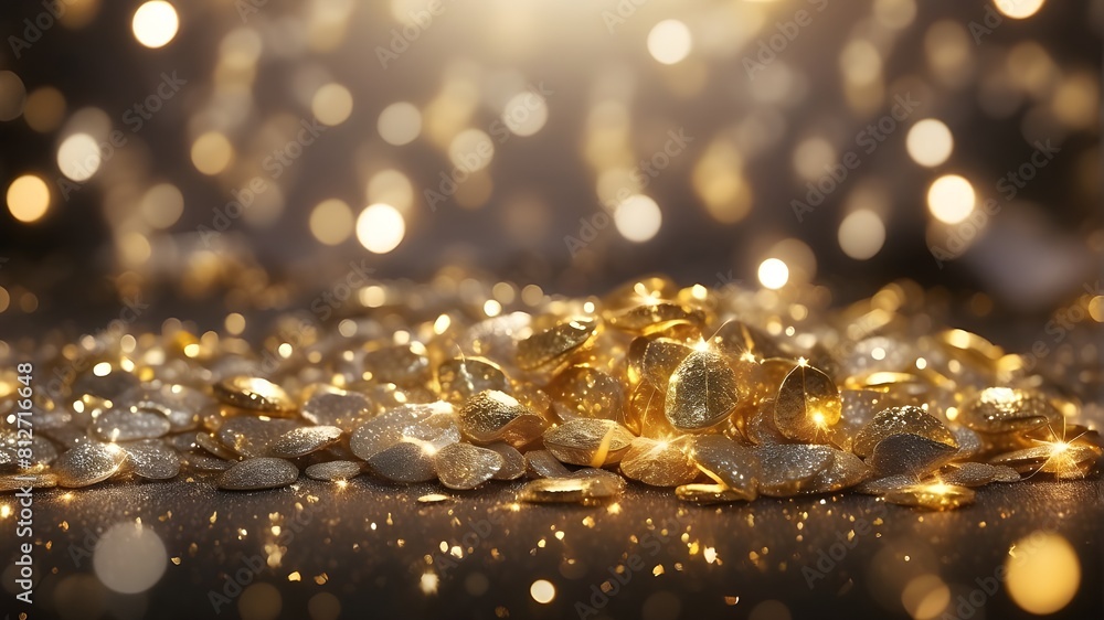 Poster bokeh effect and shimmering defocused glitters set against an abstract background of gold and silver