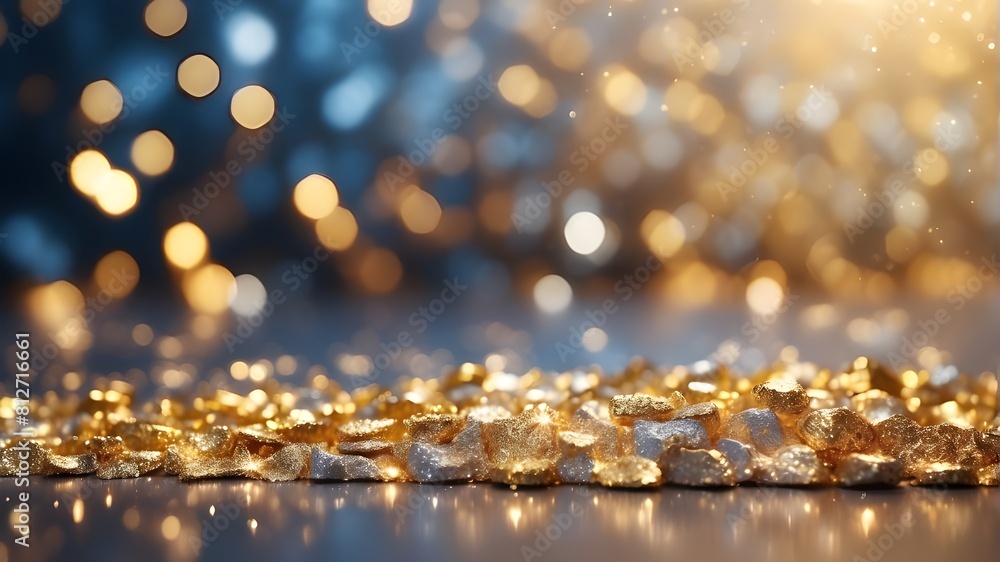 Poster bokeh effect and shimmering defocused glitters set against an abstract background of gold and silver