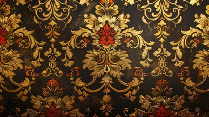 Baroque style Wallpaper with Gold and Colored Textures featuring Floral Ornaments and Retro Elegant Design Elements