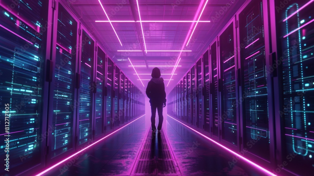 Poster man standing in server room of large data center. computer engineering and big data concept