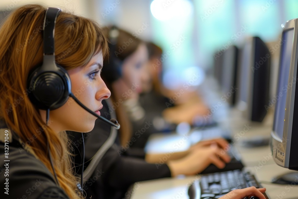 Poster focused female professional wearing a headset and working in front of a computer in a busy call cent