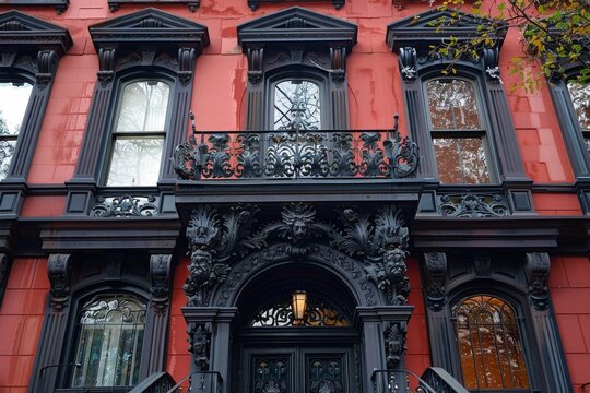 Architectural Details, Victorian-era Row Houses with Intricate Ironwork and Bay Windows
