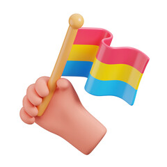 Hand hold pansexual flag decorations, celebrating LGBTQ Pride Month element icon. 3D render