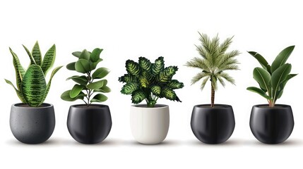 Set of artificial green houseplants in white pots isolated on white background Artificial grass in indoor pots of various shapes,3D Illustration green of indoor plant isolated on white background