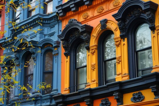 Architectural Details, Victorian-era Row Houses with Intricate Ironwork and Bay Windows