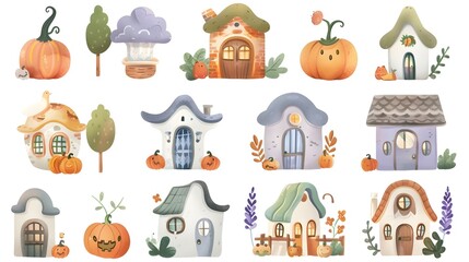 Obraz premium Charming Autumn Cottages and Pumpkin Patch in Idyllic Countryside Landscape