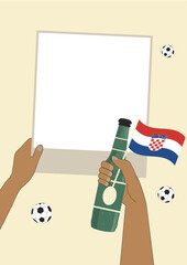 Soccer 2024. UEFA Football. European football championship. Empty Polaroid Frame. Transparent background. Hand holding Croatia flag and beer bottle. Support Croatia team. Vector. Concept of memories