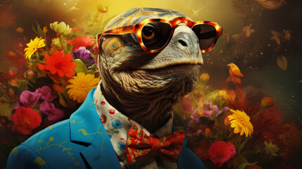 debonair turtle in a tailored waistcoat, complete with a silk cravat and spectacles - obrazy, fototapety, plakaty