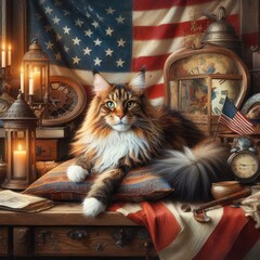 A cat sitting on a table with American flag and objects photo photo harmony lively illustrator.