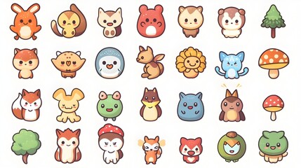 Charming Woodland Animal Character Icons in Cartoon Style