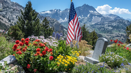 Memorial Day wreath and flag at a veteran's grave with mountain vista.
