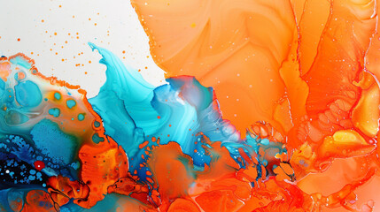 Vivid orange and cool cerulean abstract painting, rich in alcohol ink and oil paint details.