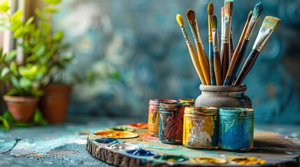 Detailed arrangement of painting supplies from a high angle with natural lighting.