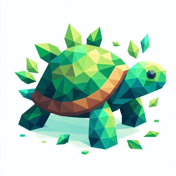 cute low-poly vector style illustration of a turtle, green, light blue and white colors, minimalist wall deco