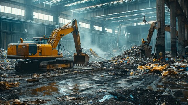 Excavator at work in a large waste management facility.