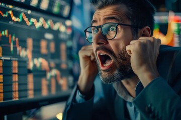 intense stock market trader reacting to key trade on computer screen concentration and anticipation - obrazy, fototapety, plakaty