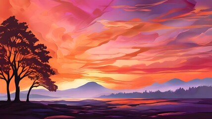 A fiery sunset painting the sky in shades of orange, pink, and purple, with silhouetted trees in the foreground. - obrazy, fototapety, plakaty