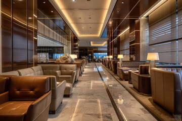 interior of a office, Step into the lap of luxury with this image of a modern airport lounge, where opulent furnishings and sleek design elements create an atmosphere of sophistication and comfort