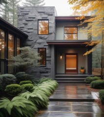 A modern home with dark grey paneling, featuring an entrance door framed in wood and glass - obrazy, fototapety, plakaty
