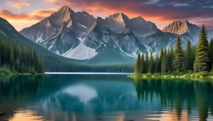 Serene Nature Background: Tranquil Lake, Dense Forest, Sunset Mountains, Hand Edited Generative AI
