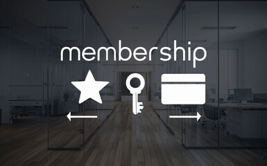 The Word Membership Written above the Icons of a Star, Key and Blank Membership Card - obrazy, fototapety, plakaty