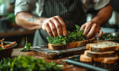a cook meticulously placing fresh herbs on a sandwich