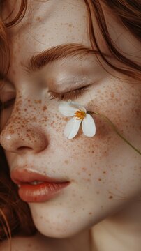 A close-up of a woman with closed eyes freckles and a single white flower resting on her closed eyelid set against a soft blurred background.