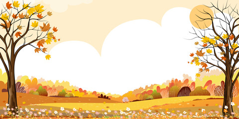 Autumn landscape with Sunset yellow sky,cloud over forest tree,Vector illustration Cartoon Banner Nature Rural Farm field in countryside with sunrise