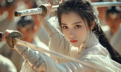 A lovely young Chinese woman, dressed in white hanfu attire, brandishing a sword as she stands...