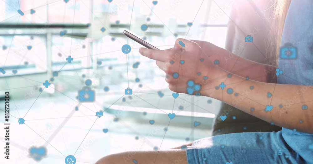 Poster image of icons connected with lines over smiling caucasian woman chatting using smartphone