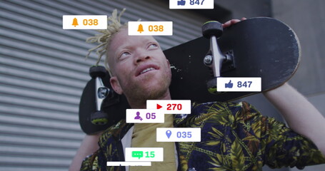 Image of social media data processing over albino man with skateboard in city