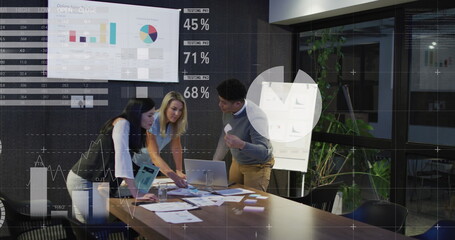 Image of statistical data processing over diverse colleagues discussing together at office