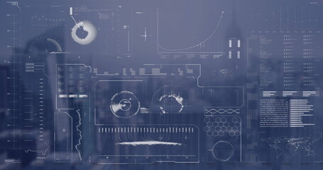 Image of globe, radar, loading bars and circles over modern cityscape against sky