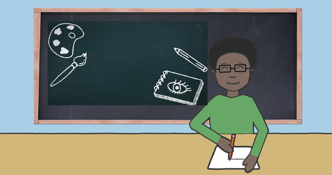 Image of schoolboy taking notes over blackboard with school items icons on blue background - Powered by Adobe