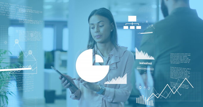 Image of statistical data processing over biracial woman talking to a male colleague at office